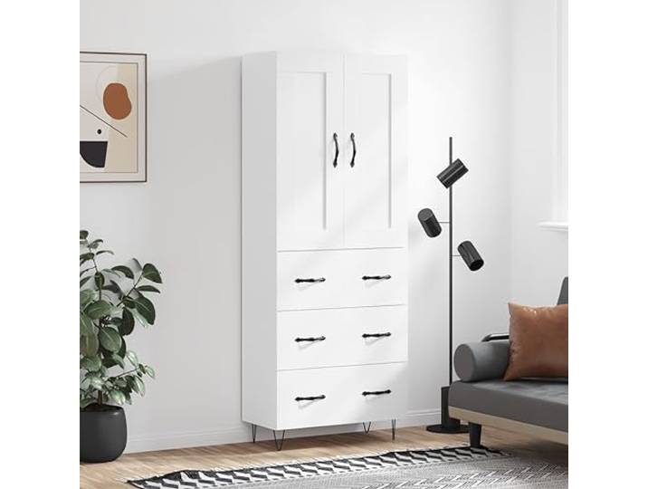 Highboard Weiß 69,5x34x180 cm Holzwerkstoff mit Türen und Metallfüßen Viel Stauraum hinter Türen, langlebiger Holzwerkstoff, stabile Metallfüße, mit Wandhalterung zur Sicherung