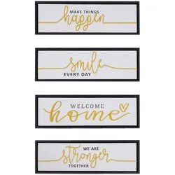 Mendler 4er-Set Wandbild HWC-N96, Wanddekoration Bilderrahmen Sprüche Smile Home, Holz Leinwand 15x45cm