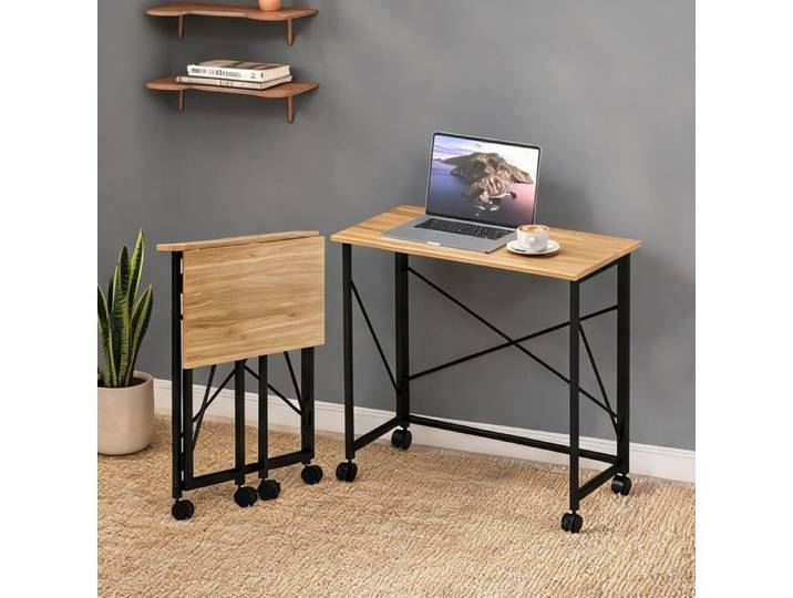 Petit bureau rabattable en chêne 80x40 cm avec cadre métal et roulettes gain de place