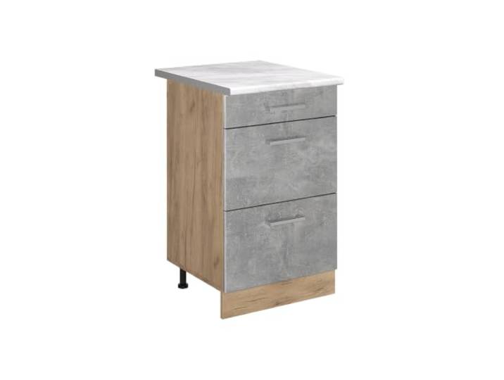 Vicco Küchenunterschrank R-Line, Beton/Goldkraft Eiche 50 cm 3 Schubladen · Arbeitsplatte Marmor · Höhenverst. Füße · Leichter Zugriff · Frei kombinierbar