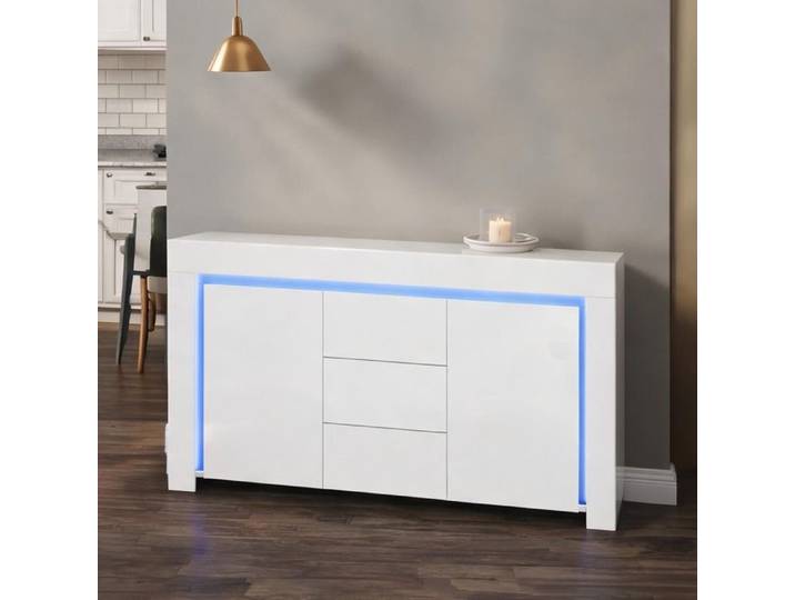 Enfilade contemporaine blanche 140x40x65 cm avec LED et finition brillante