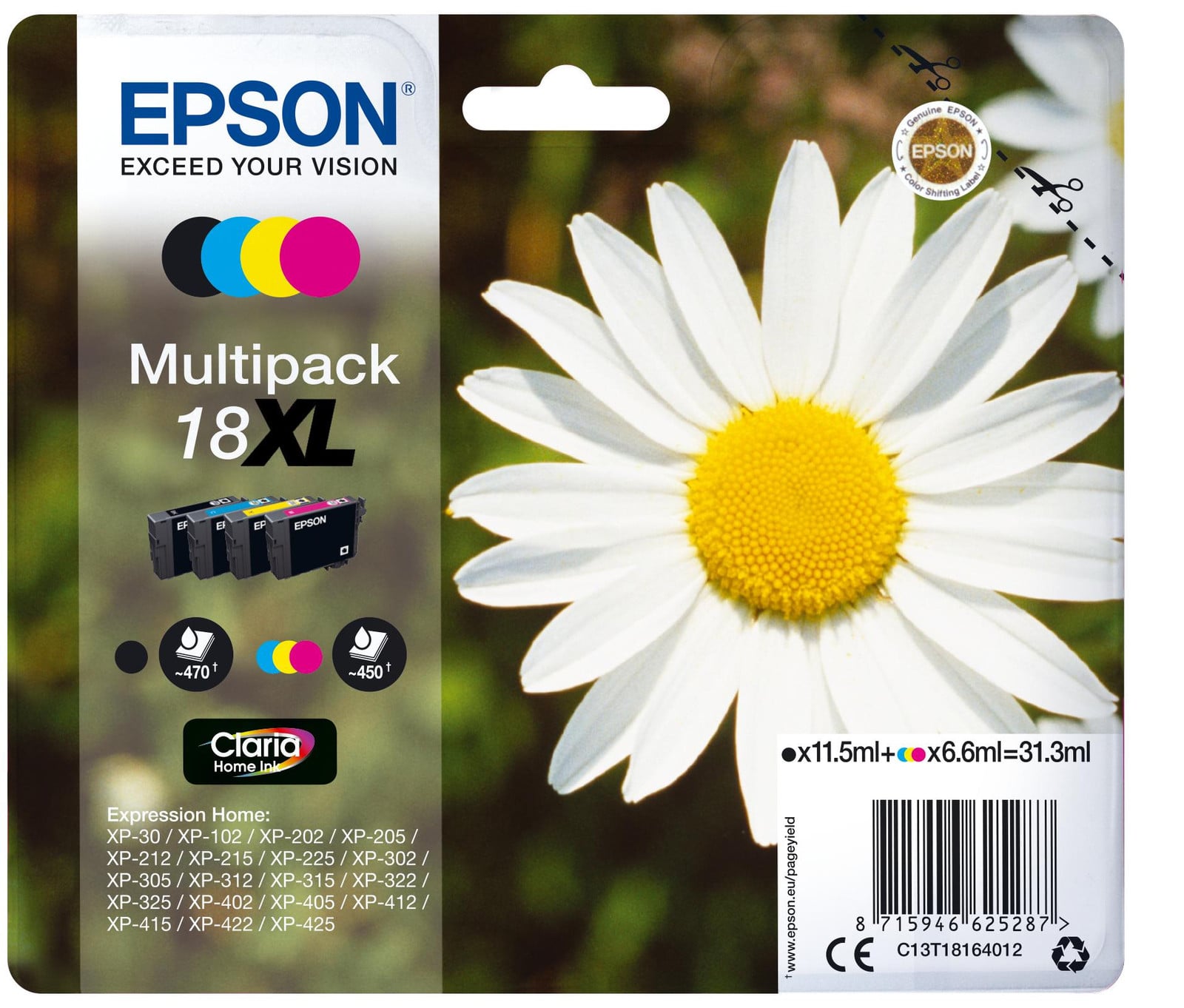 Epson Daisy inktpakket met 4 kleuren Claria Home 18XL High Yield - Zwart, Cyaan, Magenta, Geel