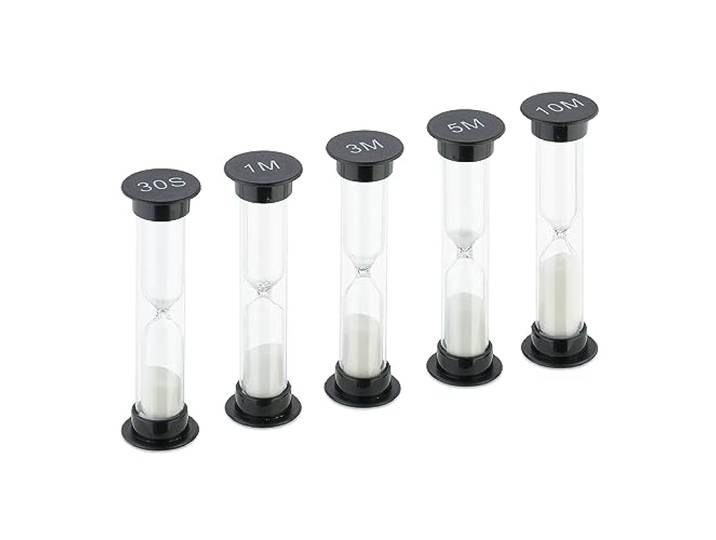 Relaxdays Sablier décoratif en Lot de 5\, 30 Secondes\, Noir et Blanc 1/3/5/10 min\, sable\, enfant\, HD : 9 x 2\,5 cm