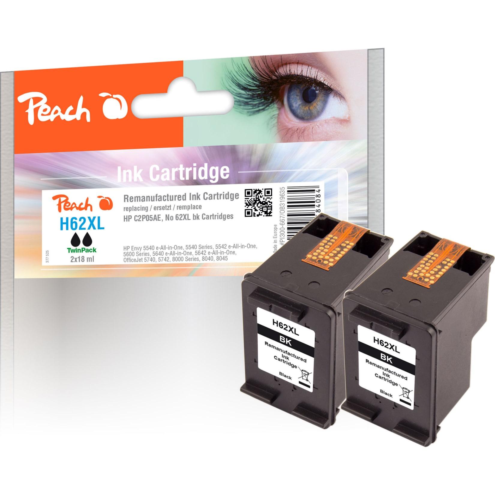 Peach HP 62 XLbk 2 Druckköpfe XL 2*bk ersetzt HP No. 62XL bk*2, C2P05AE*2 für z.B. HP Envy 5640 e-All-in-One, HP OfficeJet 5740, HP Envy 5600 (wiederaufbereitet)