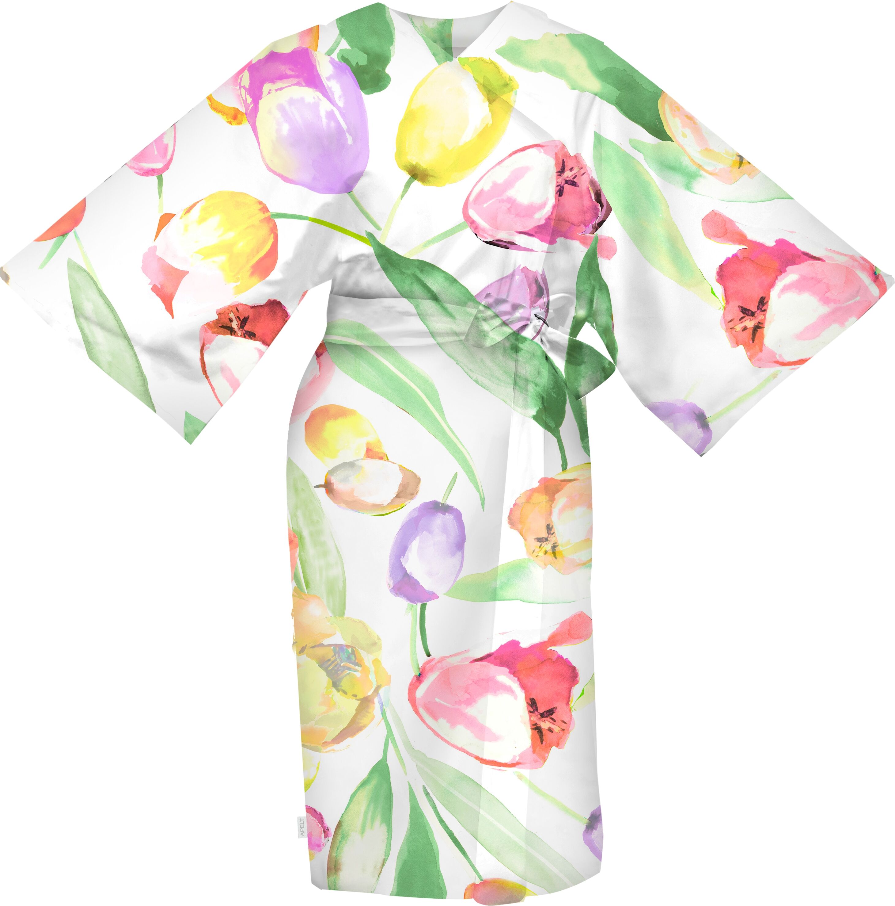 Kimono APELT "Tulip 120x110", bunt (weiß), L:110cm, Baumwolle, Hausmäntel, Kimono, Kimono mit Bindeband Größe120x105, Baumwoll-Satin, Digitaldruck
