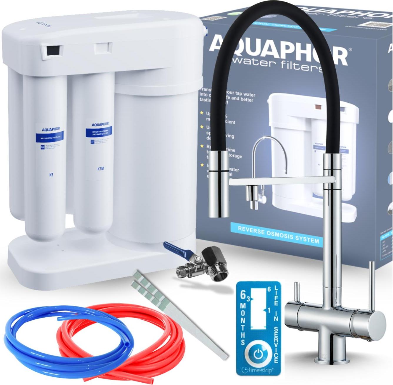 Wasserfilter Set Morion mit 3-Wege Küchenarmatur HighFlex Chrom, Ausziehbare Brause, 360° schwenkbar