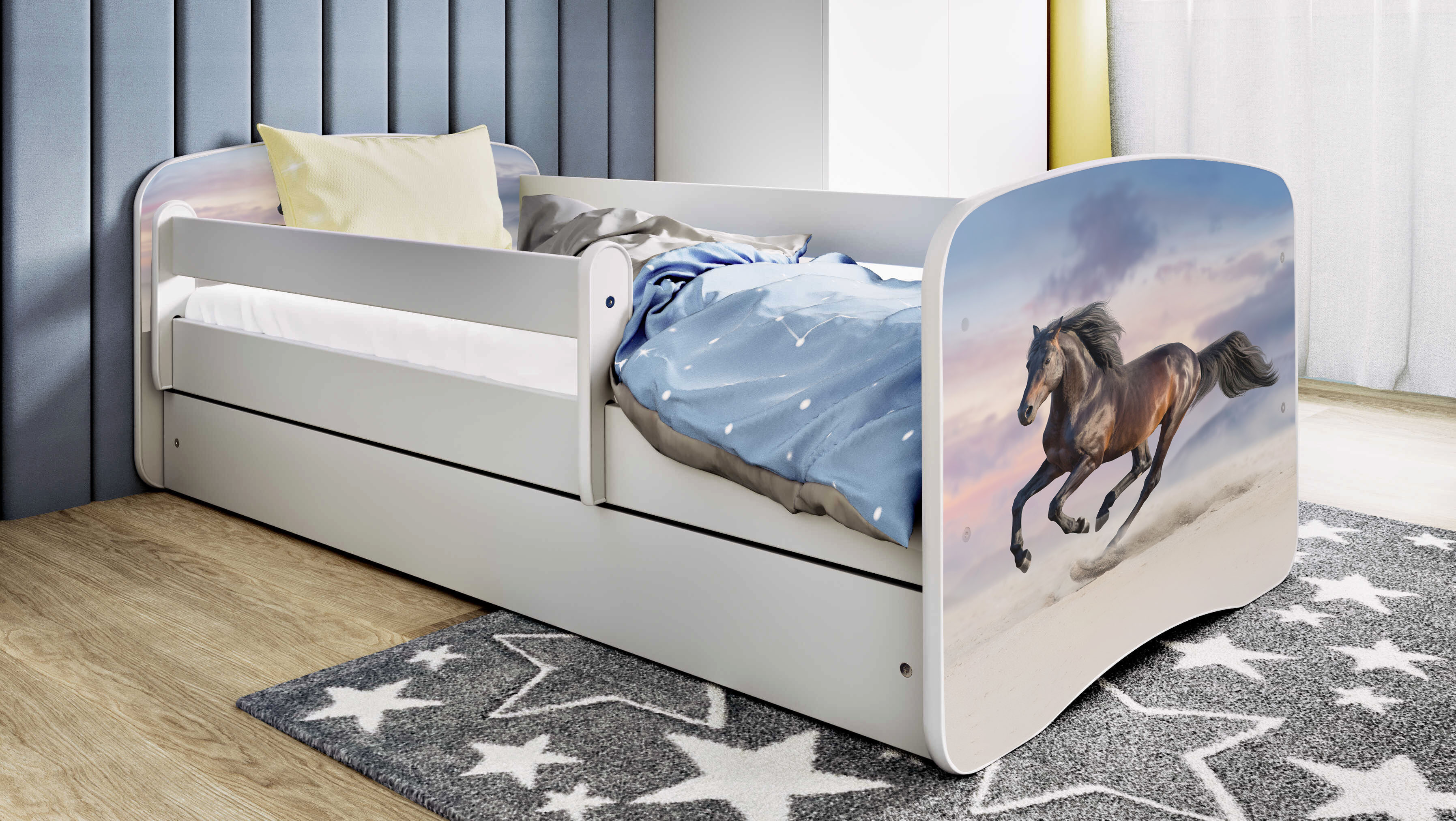 Kinderbett Jugendbett Pferd im Galopp 70x140, 80x160, 80x180 cm - Komplettset mit Matratze, Schublade & Rausfallschutz