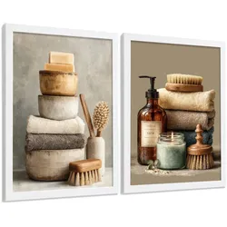 POSTER 2er-Set dekorative Badezimmer-Wandbilder und für Waschbecken, Dusche, WC mit Seifen, Handtüchern und Bürsten, Naturstil Weißer Rahmen A3