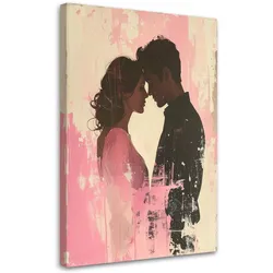 BILD auf Leinwand, Silhouette eines verliebten Paares auf einem rosa Hintergrund
