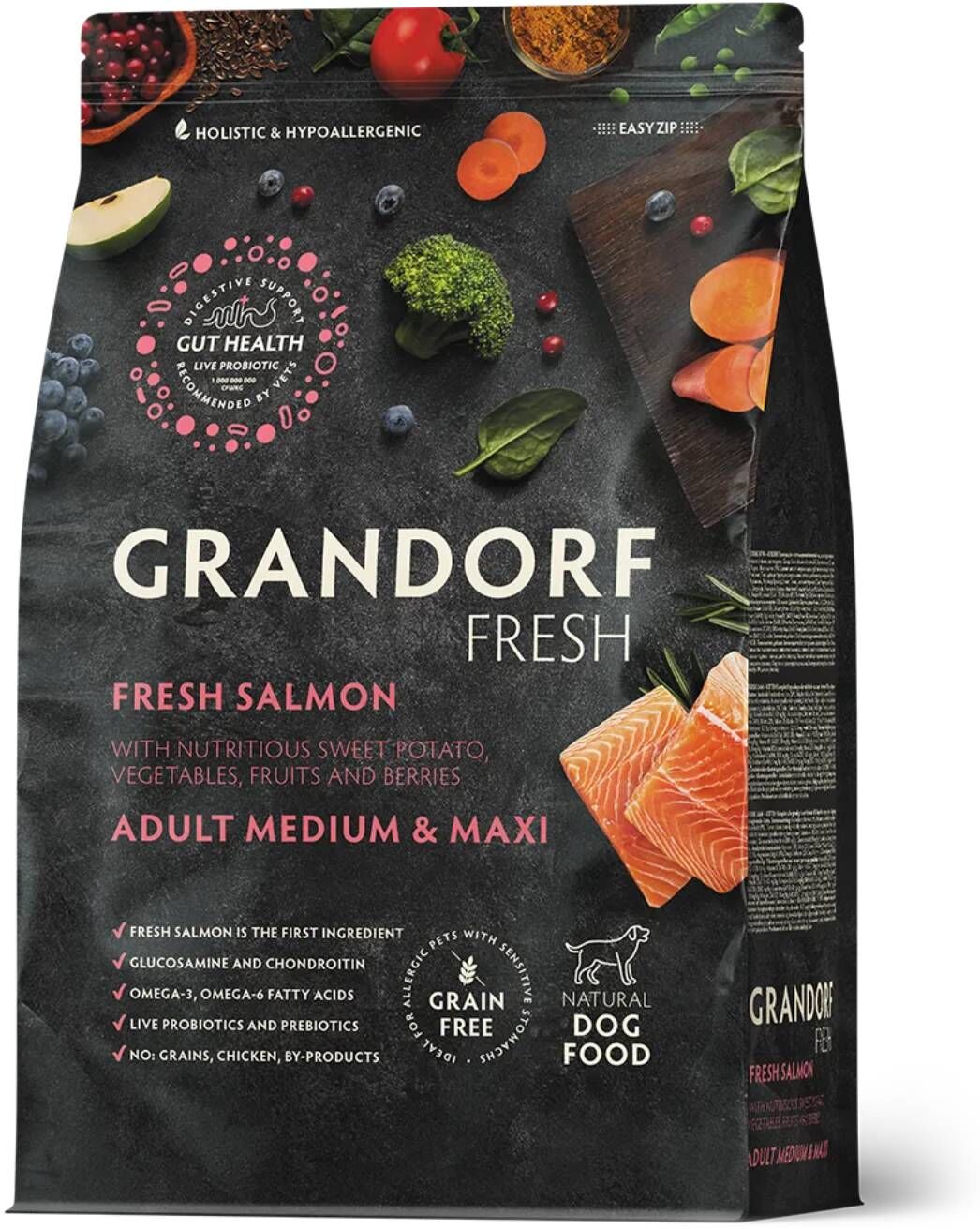 Grandorf Fresh Adult Medium & Maxi Breeds con Filetti di Salmone Fresco e Patata Dolce per Cani Adulti 3 Kg
