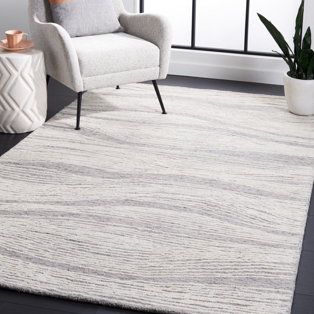 Ivy Bronx Abstract Wool Hand Tufted Area Rug Grey / Ivory Rectangle 152 x 244 cm