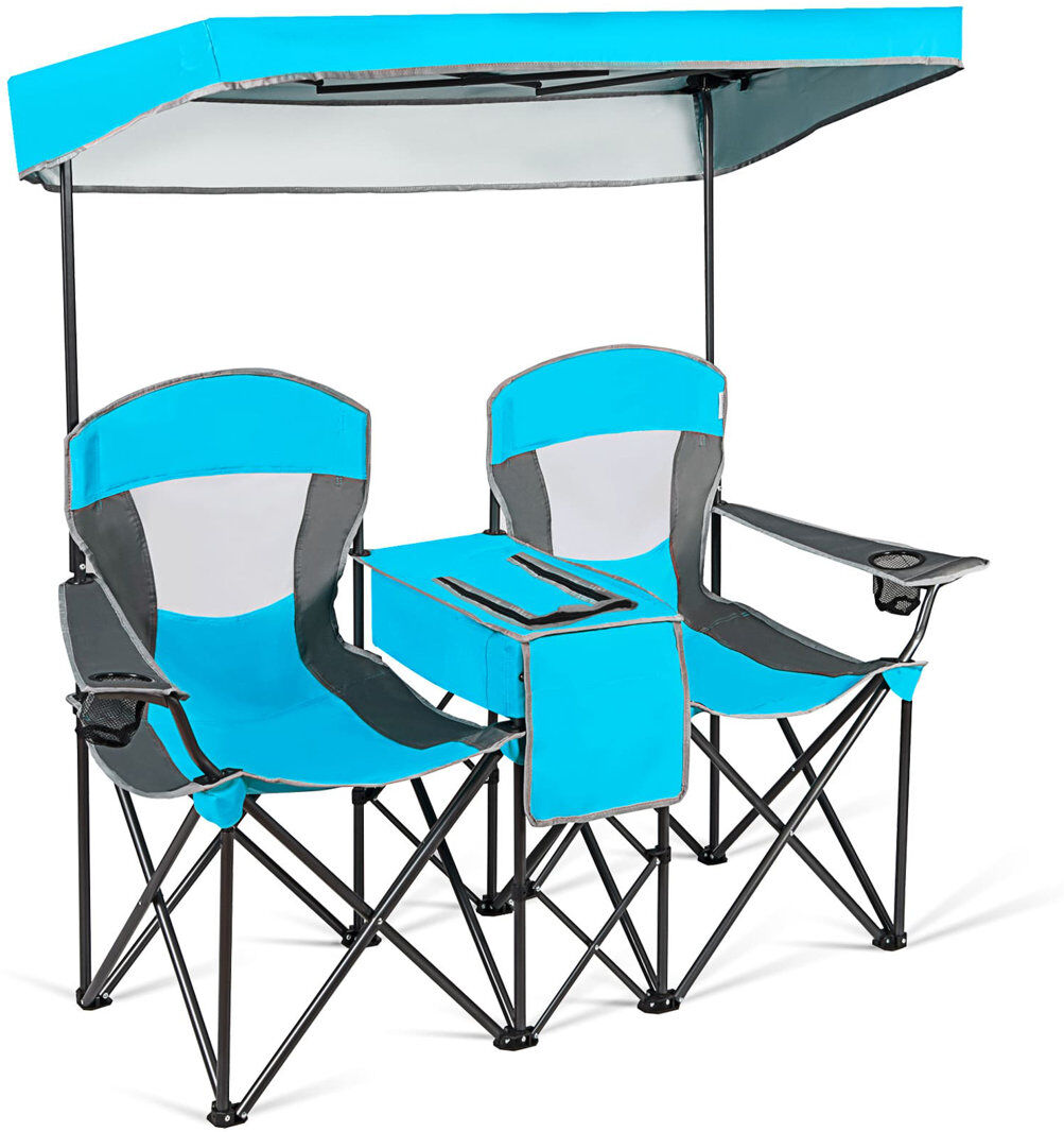 House of Hampton Double Sunshade Folding Chairs Outdoor 2-Person Chairs Blue 151cm H X 170cm W X 72cm D