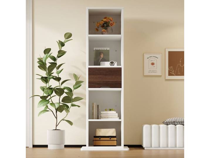 Armoire miroir pivotante 45x45x168 cm avec miroir plein pied 4 niches ouvertes et tiroir meuble de rangement en MDF - Blanc