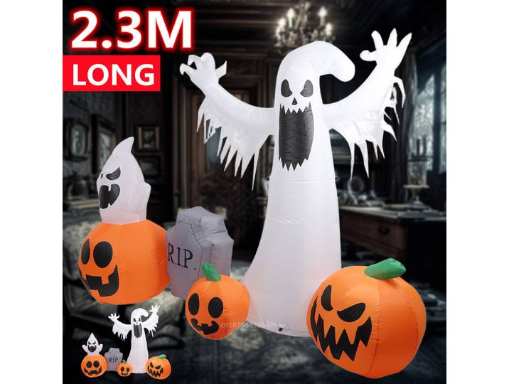 Citrouille gonflable d'halloween 2.3M, pierre tombale fantôme blanche, lumières LED intégrées, ornement gonflable d'intérieur et d'extérieur pour fête d'halloween