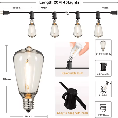 Inspire Curations ST38 Outdoor LED String Lights With Shatterproof Dimmable Bulbs 20m 48sockets 1w Bulb eu Plug