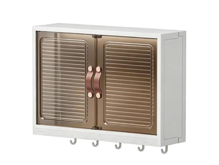 Moderner Badezimmer Hängeschrank mit 5 Haken, PP Küchenhängeschränke Wandschrank Hängend mit Tür, Ohne Bohren für Wohnzimmer, Badezimmer und Esszimmer