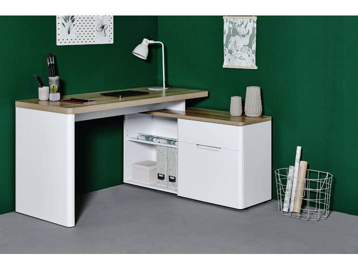 Eckschreibtisch JAHNKE CU-LIBRE 150 E , braun (riviera eiche, weiß, weiß, riviera eiche), B:140cm H:77cm T:117,5cm, Tische, Eckschreibtisch, wechselseitig montierbar