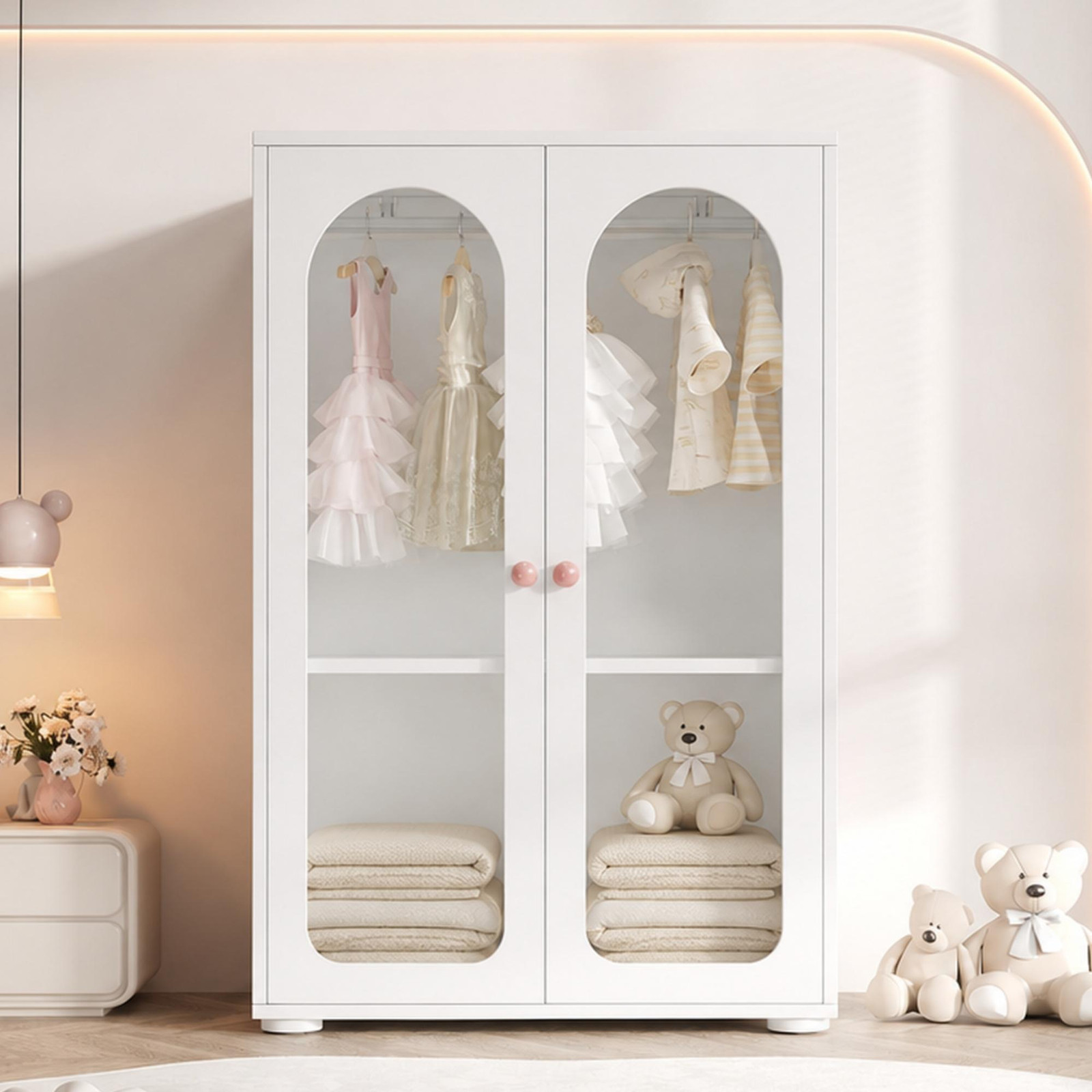OKWISH Kinderkast met 2 transparante deuren, compacte garderobekast met kledingstang, wit