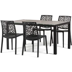RATTATAN Esszimmer- und Gartenset mit Aluminiumtisch und 4 stapelbaren Stühlen aus Polypropylen, ideal für Küche oder Garten – MILO+ANNA–Schwarz/Schwarz/Granit