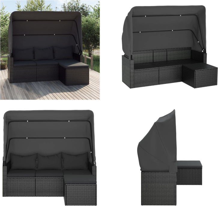 vidaXL 3 Sitzer Gartensofa mit Dach und Fußhocker Schwarz Poly Rattan - 3-Sitzer Gartensofa - 3-Sitzer Gartensofas - Gartensofa - Terrassensofa