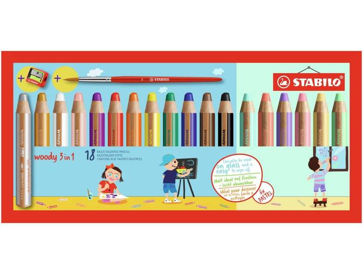 Faserstift STABILO Woody 3in1 18er , bunt (blau, braun, gelb, goldfarben, grün, orange, rosa, rot, schwarz, silberfarben, violett, weiß), Stifte, Faserstift