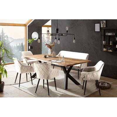 Eckbankgruppe SALESFEVER "Eckbankgruppe im Landhausstil", beige (creme, natur, schwarz, schwarz), B:240cm H:76,5cm T:110cm, Massivholz, Metall, Polyester, Sitzmöbel-Sets, Eckbankgruppe, Rückenfläche mit aufwändiger Rautensteppung
