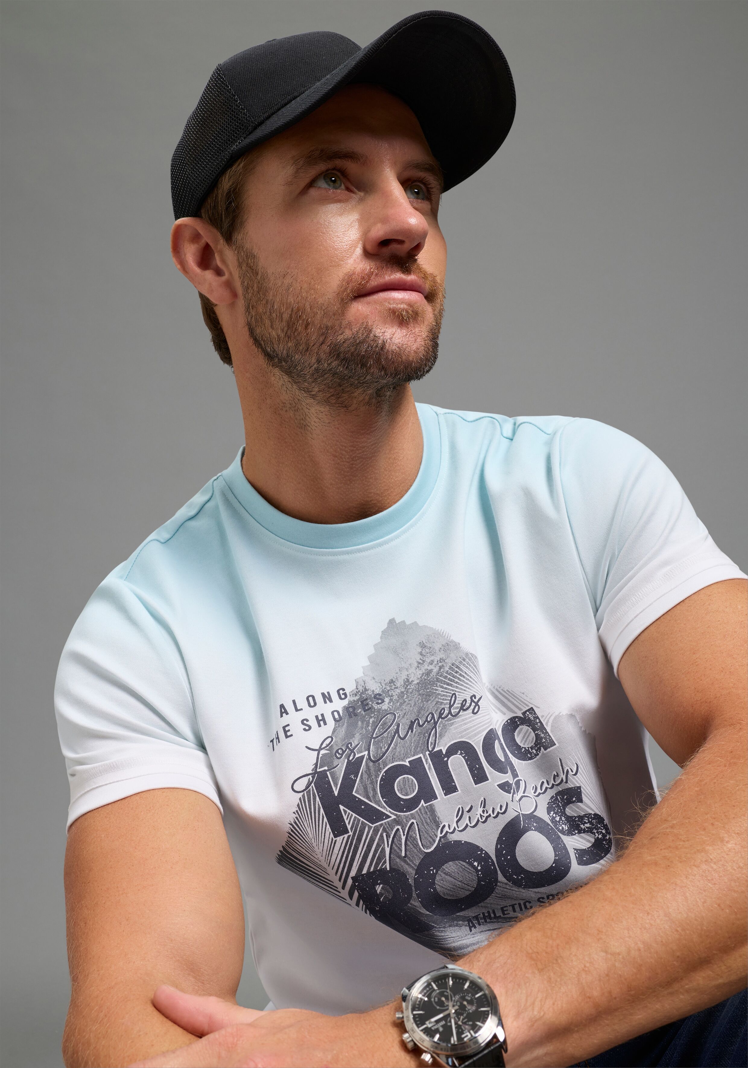 T-Shirt KANGAROOS, Herren, Gr. XXL, weiß (aqua), Single Jersey, Obermaterial: 100% Baumwolle, schmal, Rundhals, angesetztes Bündchen, Shirts T-Shirt, schmale Passform, Halbarm, angesetztes Bündchen am Ärmelabschluss