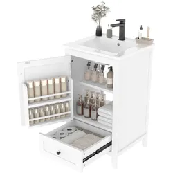 Merax Waschtisch 51×46×85 cm, freistehender Badezimmerschrank mit Keramikbecken, Schublade, verstellbarem Regal & Türablage, weiß, voll lackiert