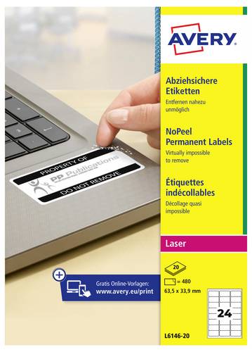Avery-Zweckform L6146-20 Sicherheits-Etiketten 63.5 x 33.9mm Polyester-Folie Weiß 480 St. Permanent haftend Laserdrucker