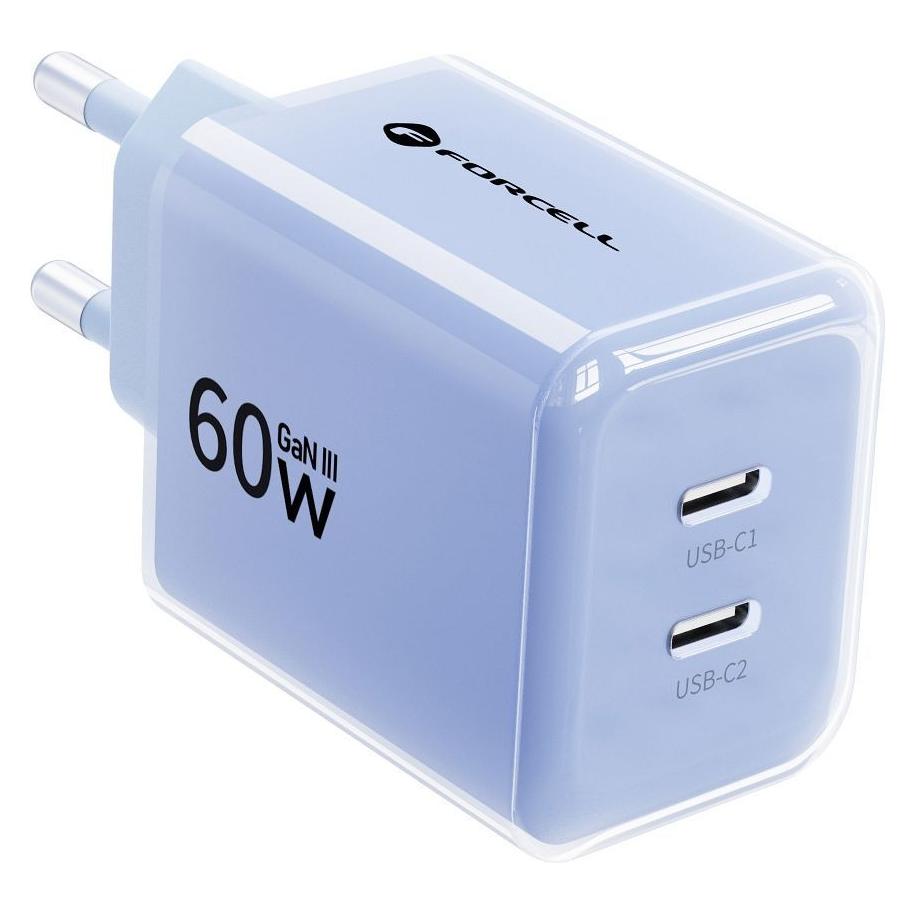 Forcell Ładowarka sieciowa F-Energy GaN III VT-60 60W PD QC 4.0+ 2x USB-C niebieska + kabel USB-C (60 W, 2 Ports) (VT-60 niebieska)