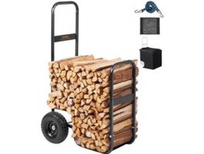 VEVOR Chariot Transport Bois de Chauffage Charge 113,4 kg Chariot de Bûches de Bois Acier 67x52x110 cm Range Bûche Intérieur avec Roues PU Housse Imperméable Porte Bûche Extérieur pour Cheminée, Noir