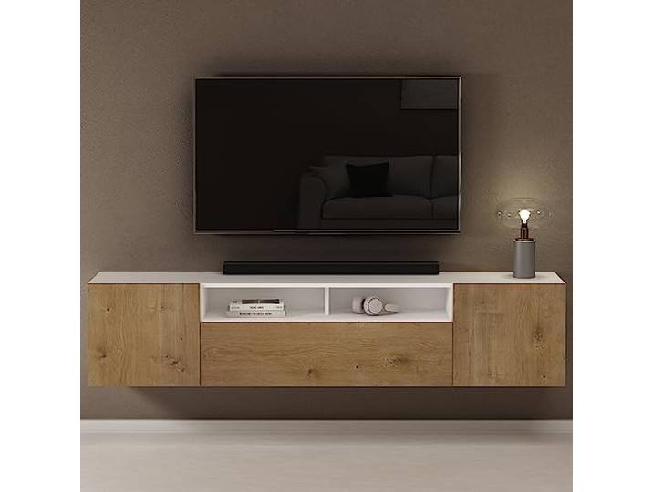 doporro TV Lowboard Schrank 180cm großer Stauraum Hängend Fernsehschrank TV Board mit Klapptür & offenen Ablagefächern, matt Weiß und Kerneiche Wand Fernsehtisch Wohnzimmermöbel Fernsehschrank03