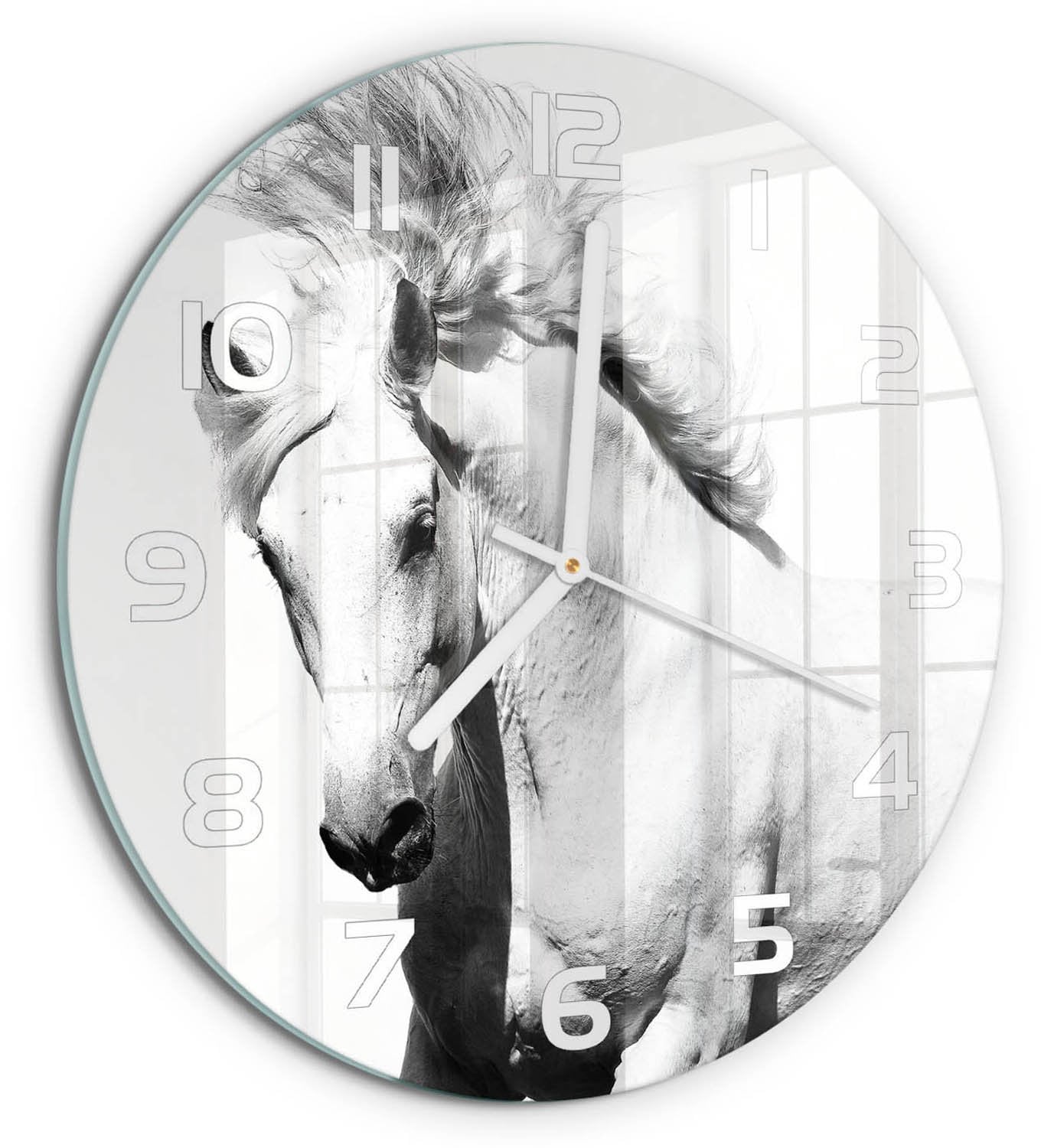 Tulup Wandklok Wit Paard - Ronde Glazen Wandklok met Design - Diameter: 30 cm