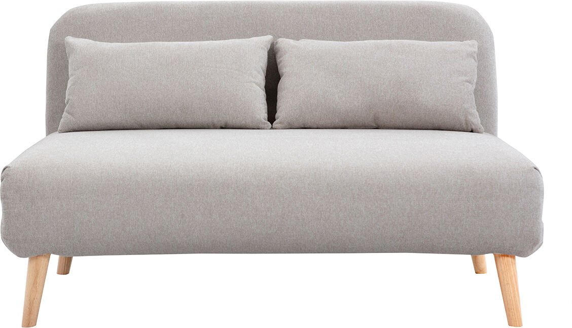 Miliboo Zweisitzer-Schlafsofa aus beigem Textur-Veloursstoff und hellem Holz AMIKO