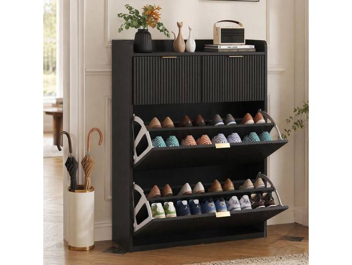 Meuble à Chaussures Noir SORVAGLOS Meuble d'entrée Rangement pour Chaussures 2 tiroirs 12 Paires 80x24x110 cm