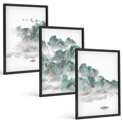 BILDER SET 3er Set - 40x60 cm Schwarzer Rahmen - Berge, Wolken, Vögel, Boot, Japandi