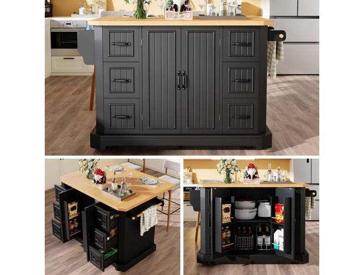 Îlot de cuisine extensible sur roulettes Chariot Desserte de cuisine avec plan de travail pliable 2 portes 6 tiroirs - noir
