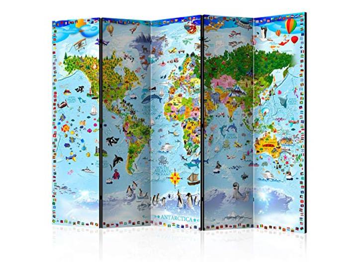 decomonkey Paravent Raumteiler Innen Weltkarte, 225x172 cm, 5-teilig, Tiere Beidseitig, Welt, Wohnzimmer, Room Divider, Wall, Raumteiler Stehend, Trennwand, Sichtschutz, Spanische Wand, Sichtschutzwand