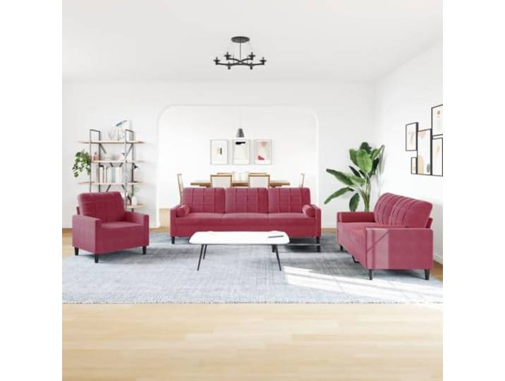 KTHLBRH 3-teiliges Sofa-Set aus Samt in Weinrot mit Kissen Gestell aus Metall, Füllung aus Schaumstoff, 1 Sofa, 1 2-Sitzer-Sofa, 1 3-Sitzer-Sofa