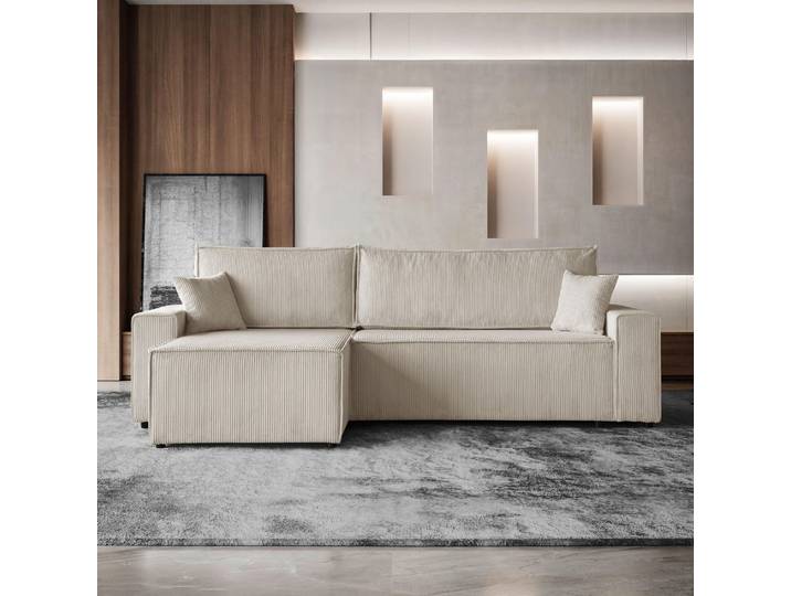 Ecksofa HEKTOR L-Form mit Schlaffunktion und Bettkasten, Couch in Hellbeige, Ottomane 100 cm