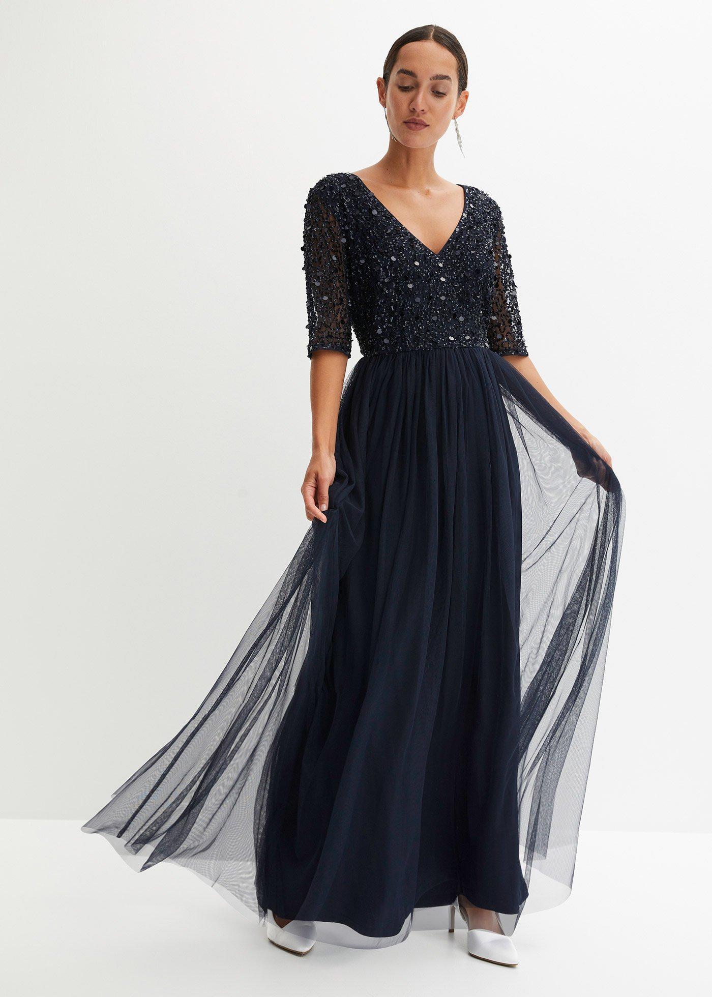 bonprix Abendkleid aus zartem Tüll mit Paillettenstickerei, blau, Gr.34, Elegantes Kleid aus Tüll mit bezaubernder Paillettenstickerei im Oberteil