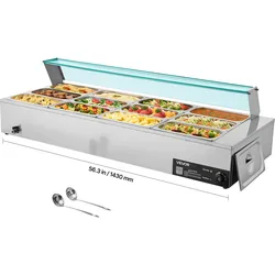 VEVOR kommerzieller Speisenwärmer (12 x 1/3 Größe Behälter), 1,7 kW elektrischer Wärmebehälter aus Edelstahl mit Glasabdeckung & Suppenkelle, Chafing Dishes für Catering Restaurant Party