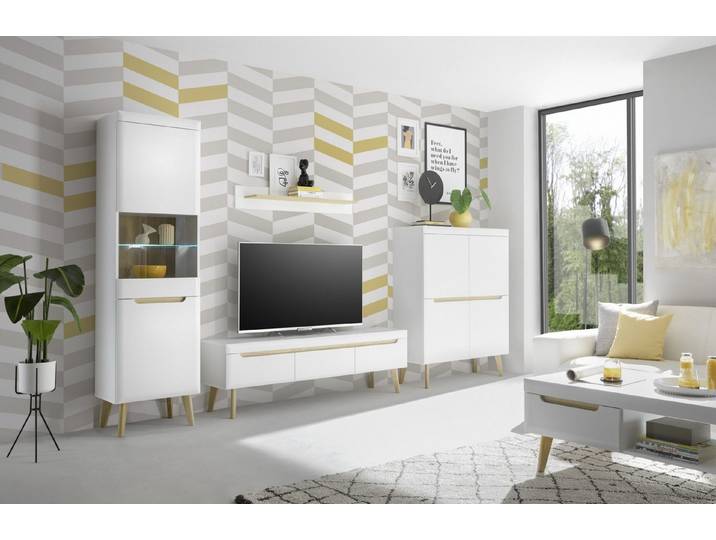 Beauty.Scouts Wohnzimmer-Set Lumira - Highboard, Vitrine, Lowboard, Wandboard, Scandi Oak Dekor