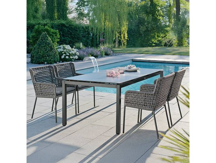 Stern 4x Greta Sessel Alu anthrazit mit Kordel platin mit Tisch