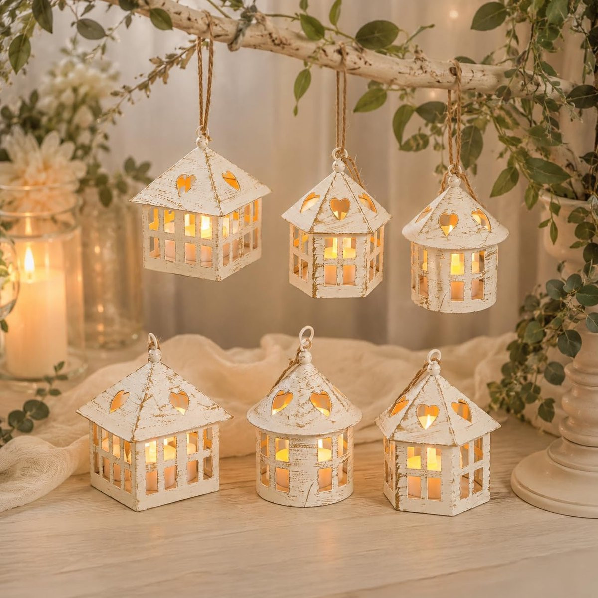 Set van 6 rustieke metalen kaarsenlantaarns voor sfeervolle verlichting en decoratie