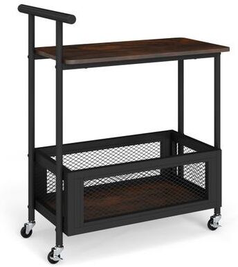 Costway 2-Tier Rolling End Table with Handle and Mesh Basket-Rustic Brown