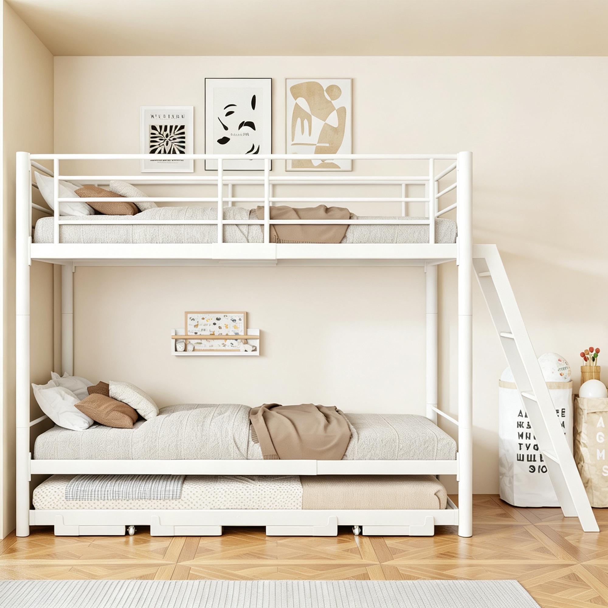 MODFU Metall-Etagenbett 90 x 200 mit Ausziehbett,Jugendbett mit ausziehbar auf 180 x 200 cm, Doppelbett,Hochbett ohne Matratze, Weiß