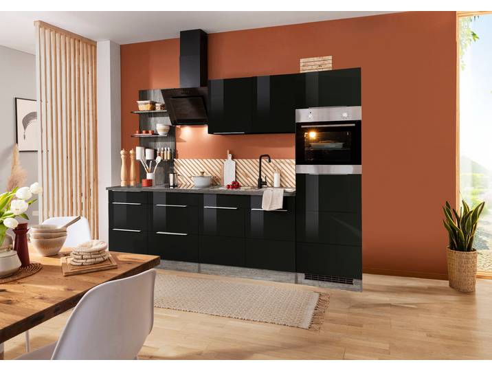 Küchenzeile, Schwarz Hochglanz & Eiche Vintage, 270x200x60 cm, MDF, Induktionskochfeld, Vintage