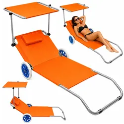 Strandliegestuhl auf Rädern, faltbares Gartendach, Metall, Orange