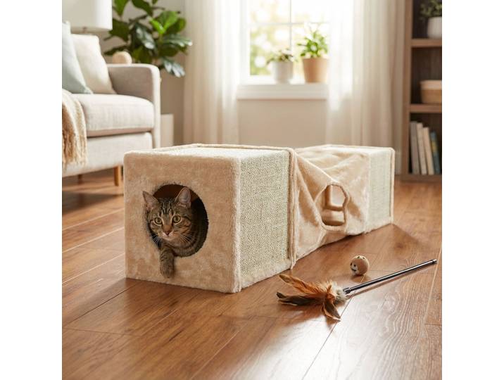 Katzenspiel- und Kratztunnel aus Stoff und Sisal, mit zwei Kratzwürfeln, 29 x 29 x 106cm